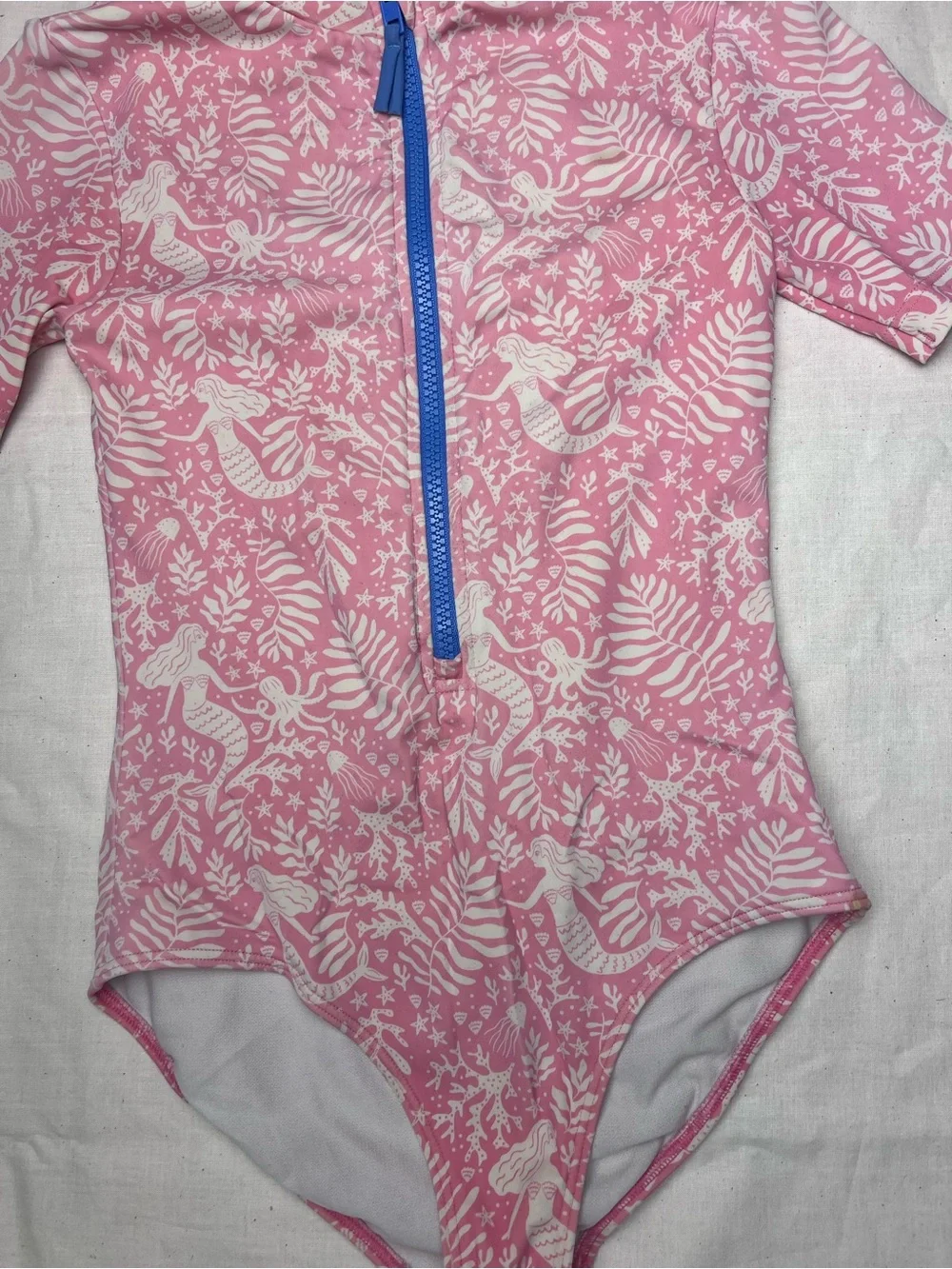 Mini Boden Girls' Pink Short-Sleeve Zip Front Rash Guard Swimsuit Mermaid Print